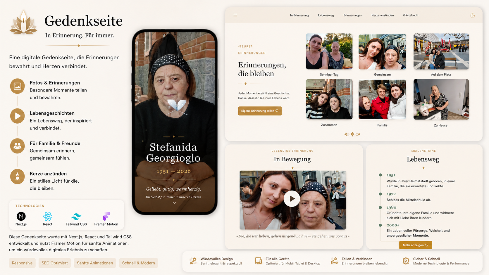 Stesha memorial page built with Next.js, React, Tailwind CSS and Framer Motion