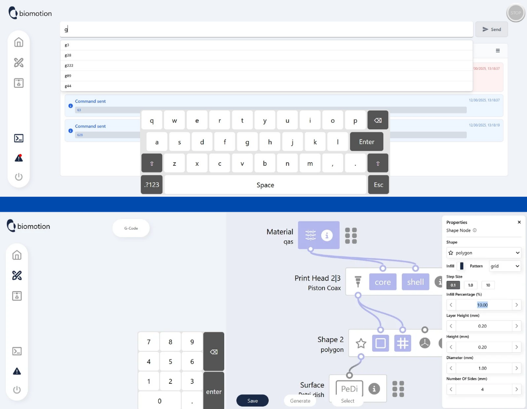 3D bioprinter G-code terminal and virtual keyboards interface (NDA project)